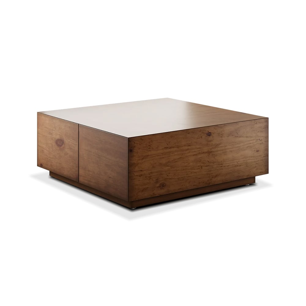 35" Square Pine Wood Block Coffee Table with 4 Drawers