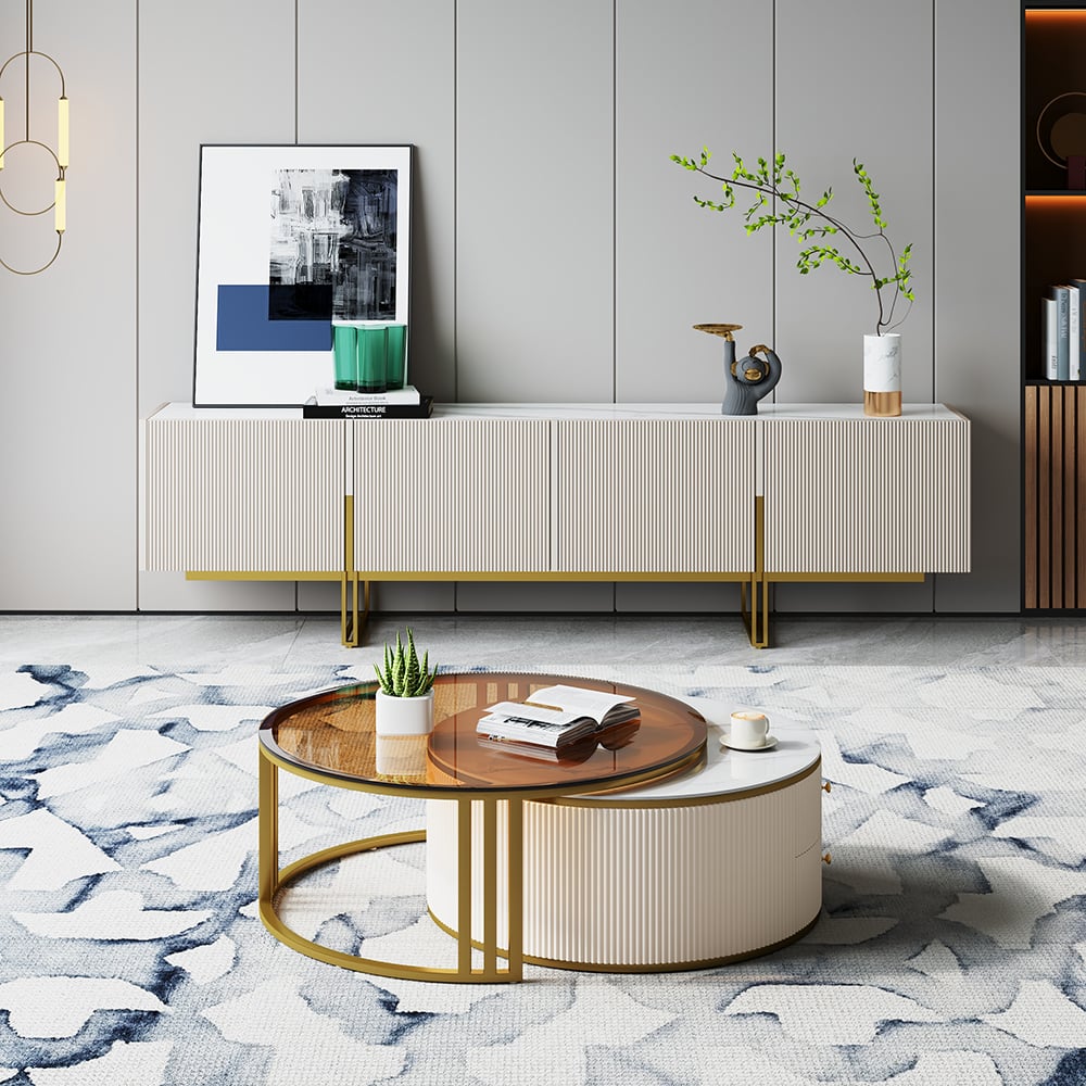 Grovyn 28"-32" Round Nesting Coffee Table Set with Sintered Stone Top