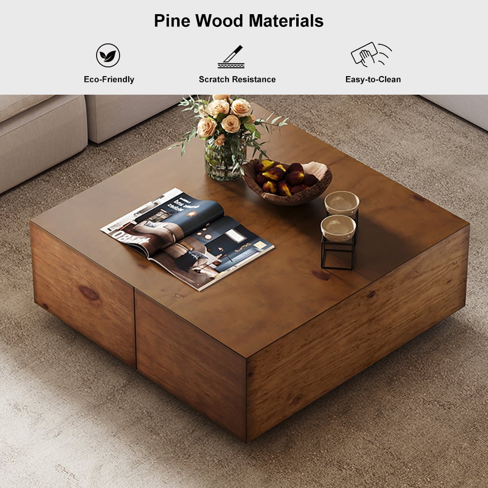 35" Square Pine Wood Block Coffee Table with 4 Drawers