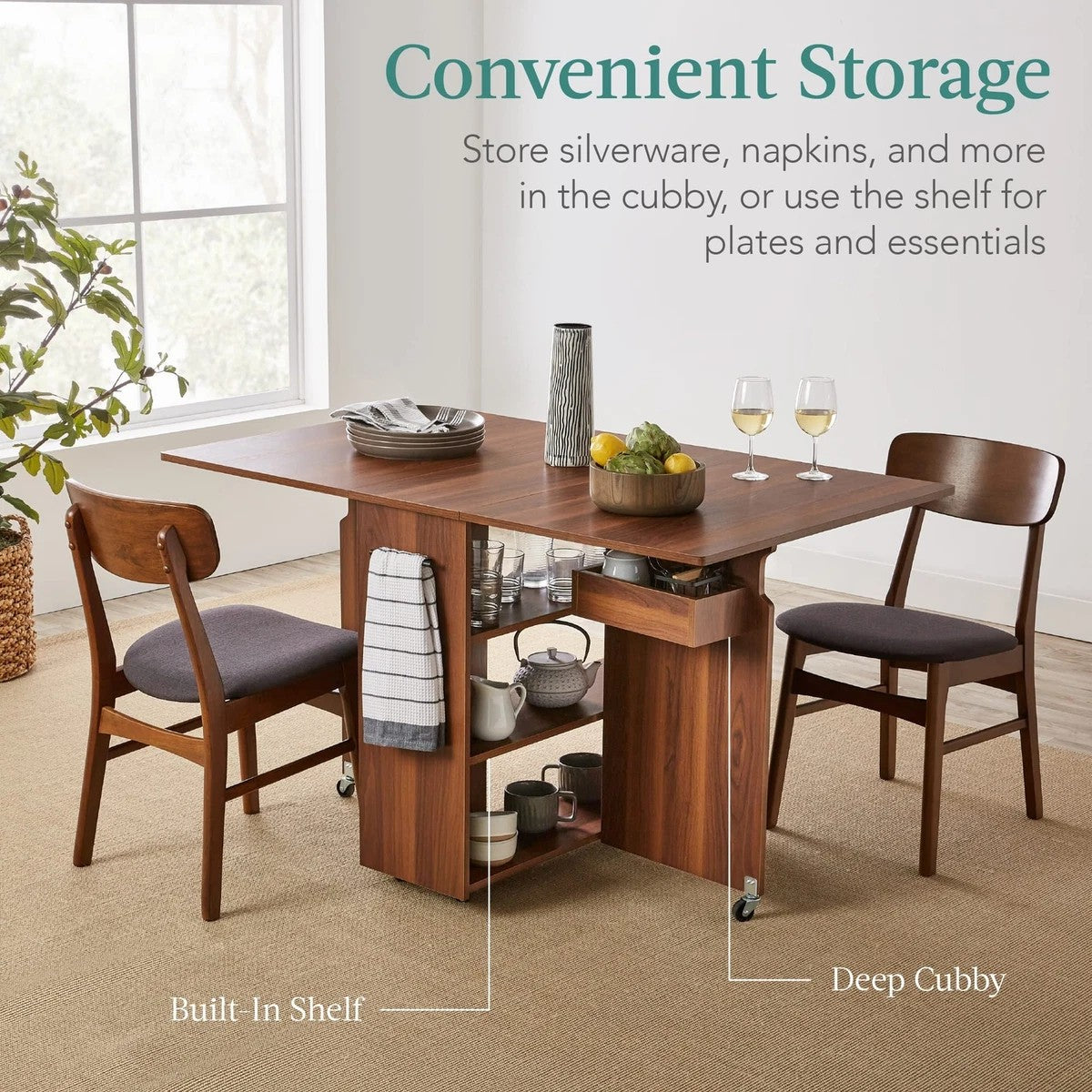 Table à manger pliable avec tiroir et étagères de rangement