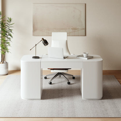 60" Modern White Standing Computer Desk with 2 Doors and Storage Office Desk