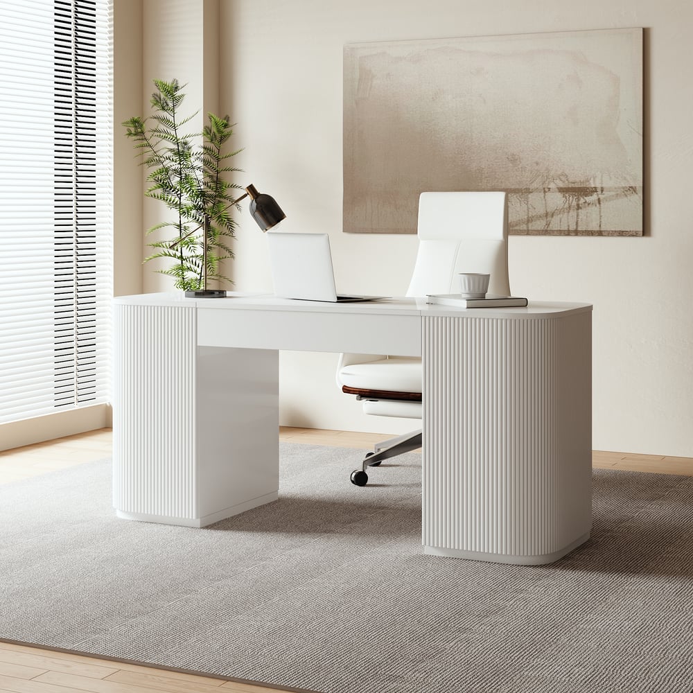 60" Modern White Standing Computer Desk with 2 Doors and Storage Office Desk
