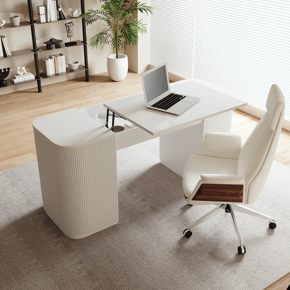 60" Modern White Standing Computer Desk with 2 Doors and Storage Office Desk