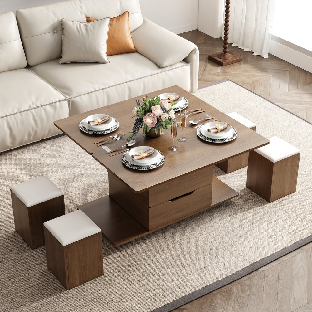 39" Lift-Top Foldable Walnut Coffee Table with 4 Stools & Storage