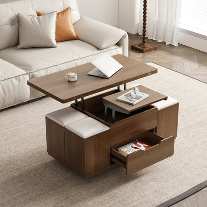 39" Lift-Top Foldable Walnut Coffee Table with 4 Stools & Storage