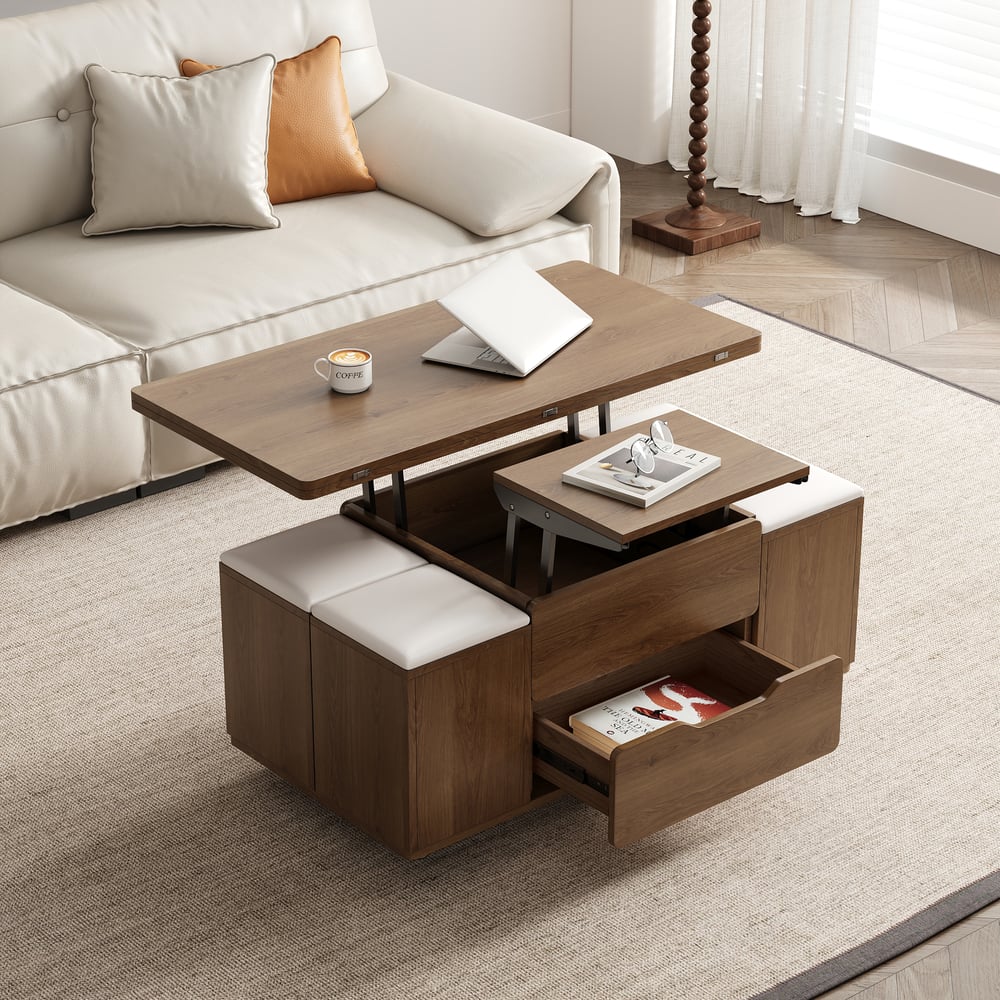 39" Lift-Top Foldable Walnut Coffee Table with 4 Stools & Storage