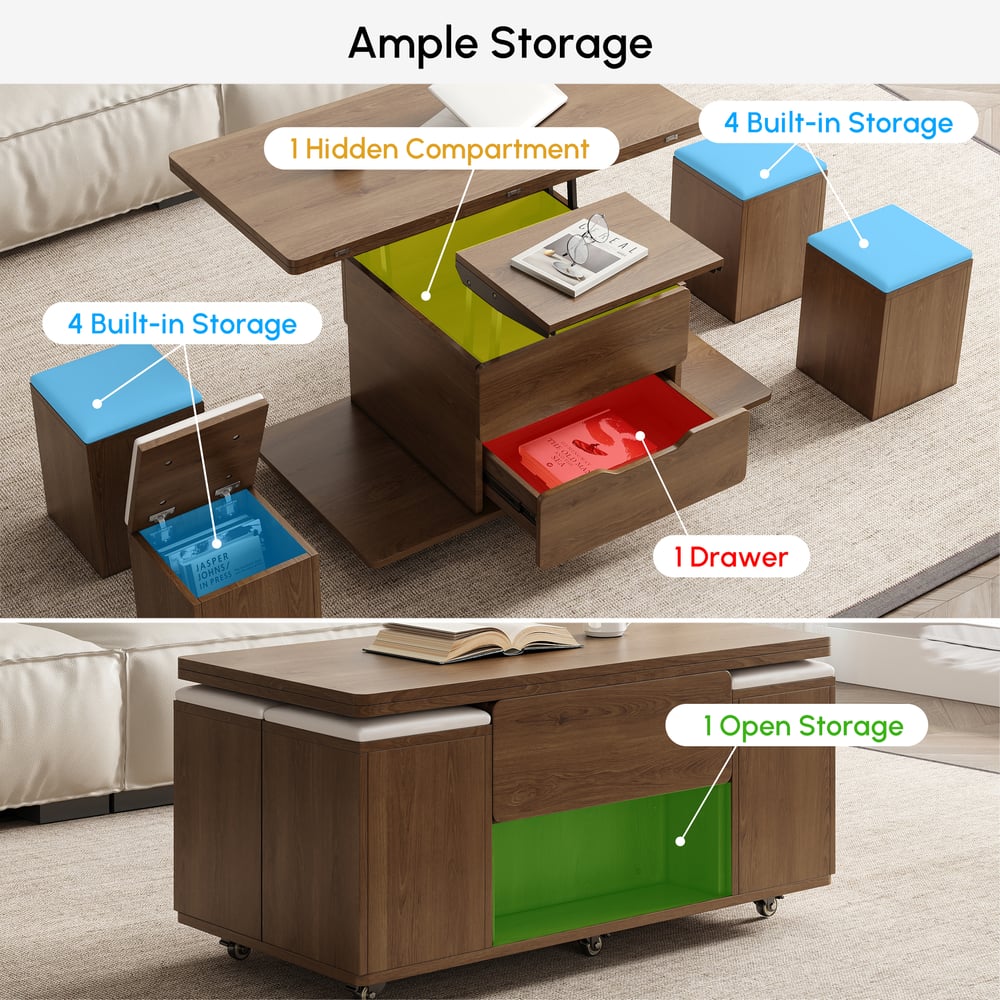 39" Lift-Top Foldable Walnut Coffee Table with 4 Stools & Storage