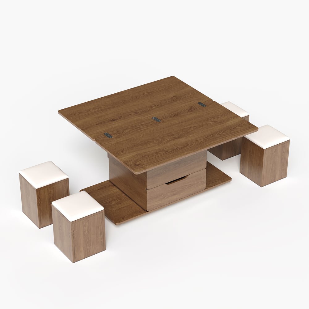 39" Lift-Top Foldable Walnut Coffee Table with 4 Stools & Storage