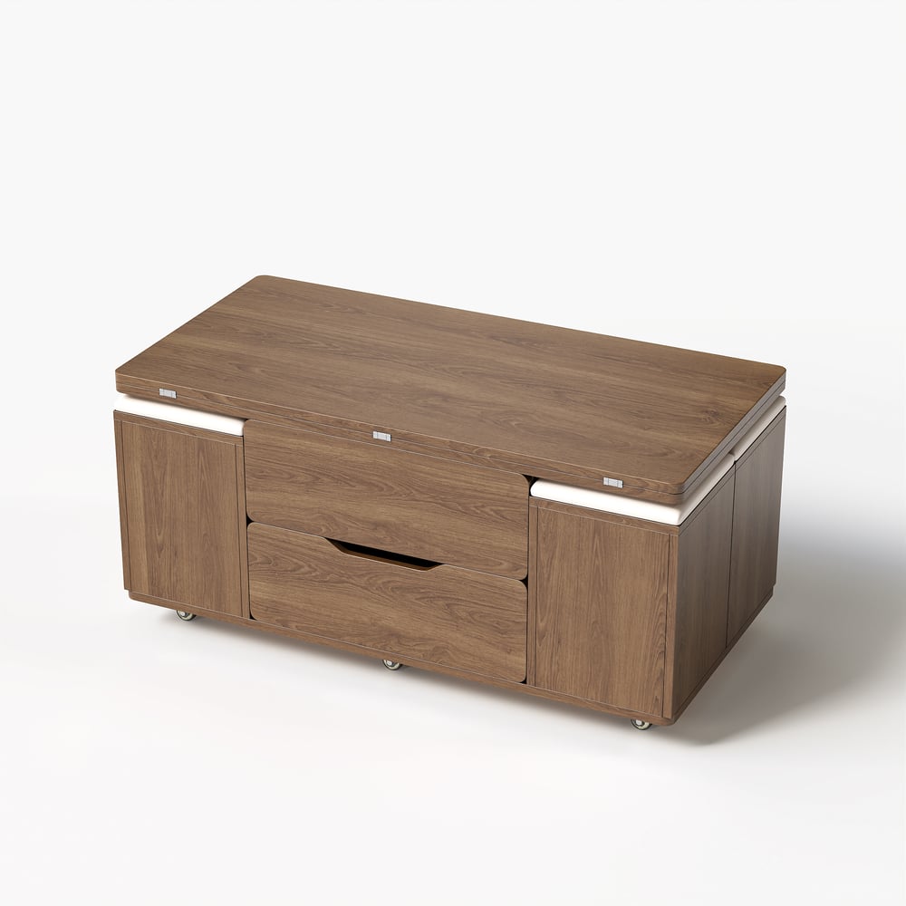 39" Lift-Top Foldable Walnut Coffee Table with 4 Stools & Storage