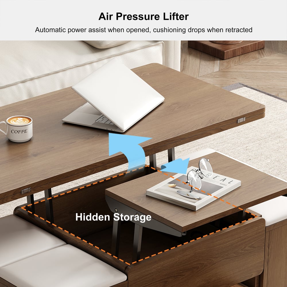 39" Lift-Top Foldable Walnut Coffee Table with 4 Stools & Storage