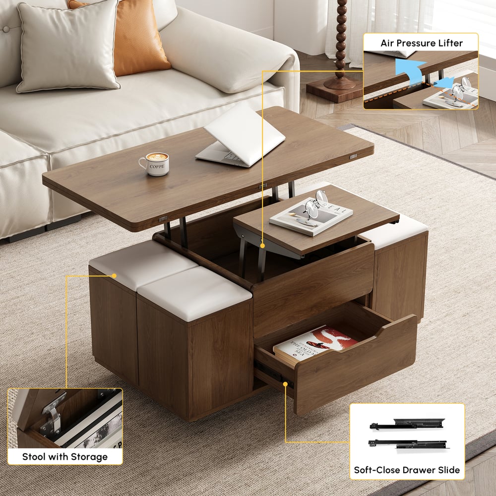 39" Lift-Top Foldable Walnut Coffee Table with 4 Stools & Storage