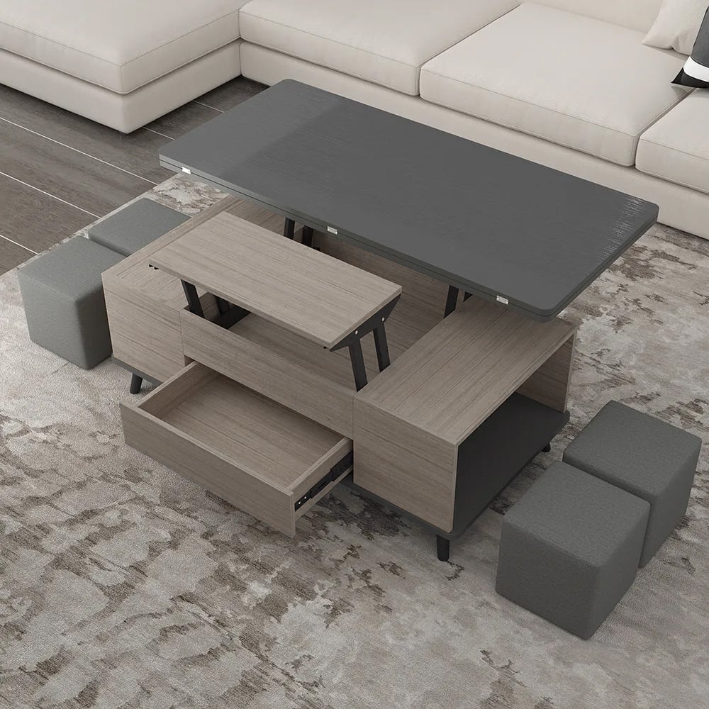 5 Pieces Lift Top Coffee Table Set with Storage Convertible Dining Table with Ottomans