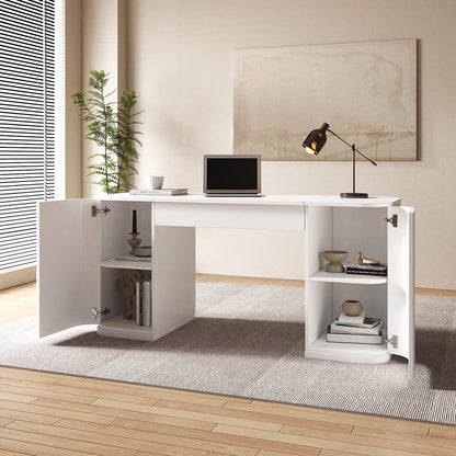 60" Modern White Standing Computer Desk with 2 Doors and Storage Office Desk