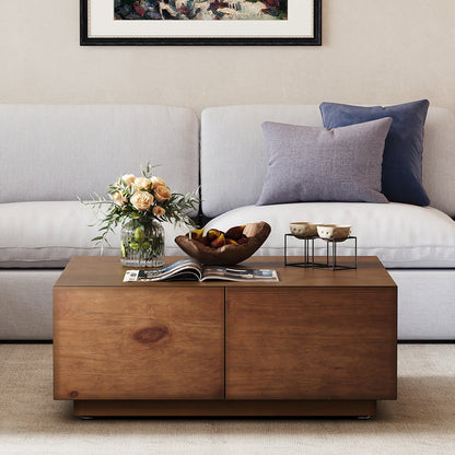 35" Square Pine Wood Block Coffee Table with 4 Drawers