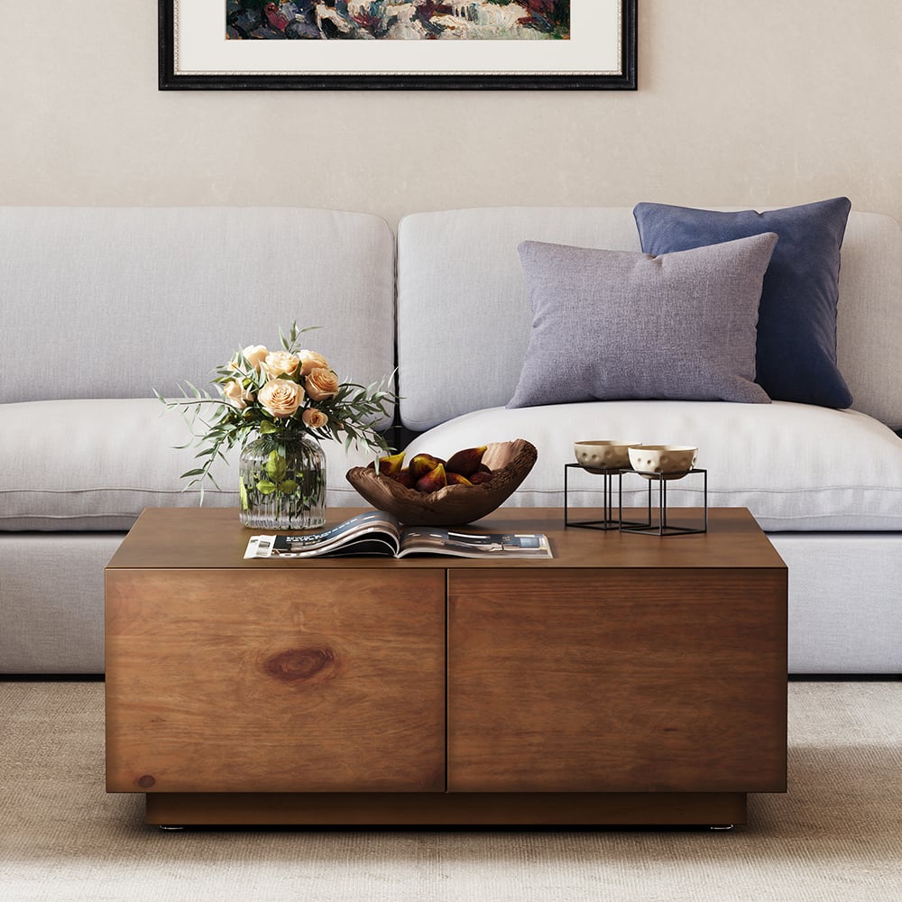 35" Square Pine Wood Block Coffee Table with 4 Drawers