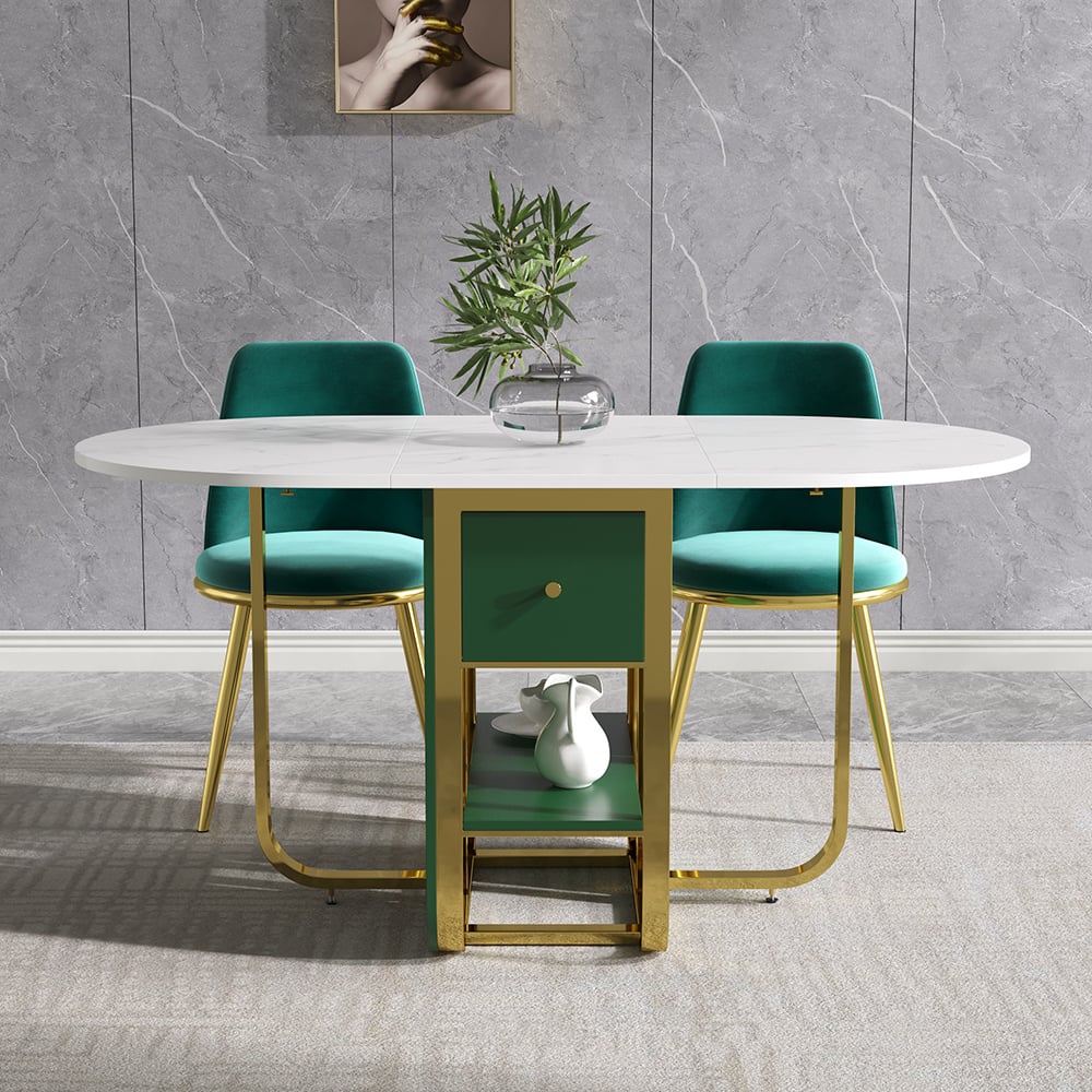 59.1" Modern Rectangle Leaf Folding Wood Dining Table with Storage Seats 4-6 People