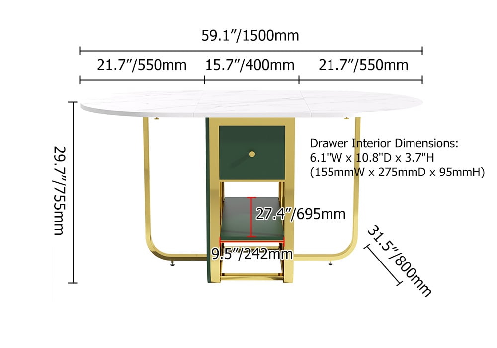 59.1" Modern Rectangle Leaf Folding Wood Dining Table with Storage Seats 4-6 People